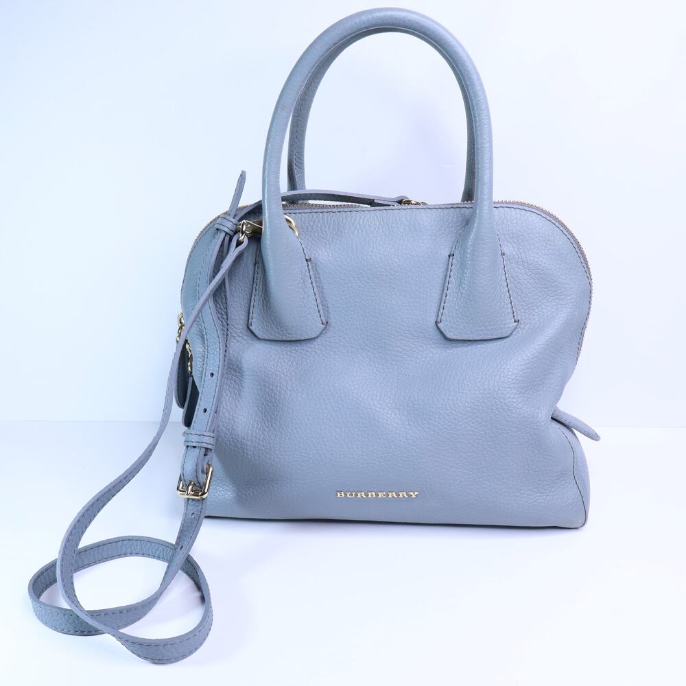 BURBERRY Greenwood Bowling Bag Grey Pebbled Leather with Plaid Lining Crossbody - Picture 2 of 11